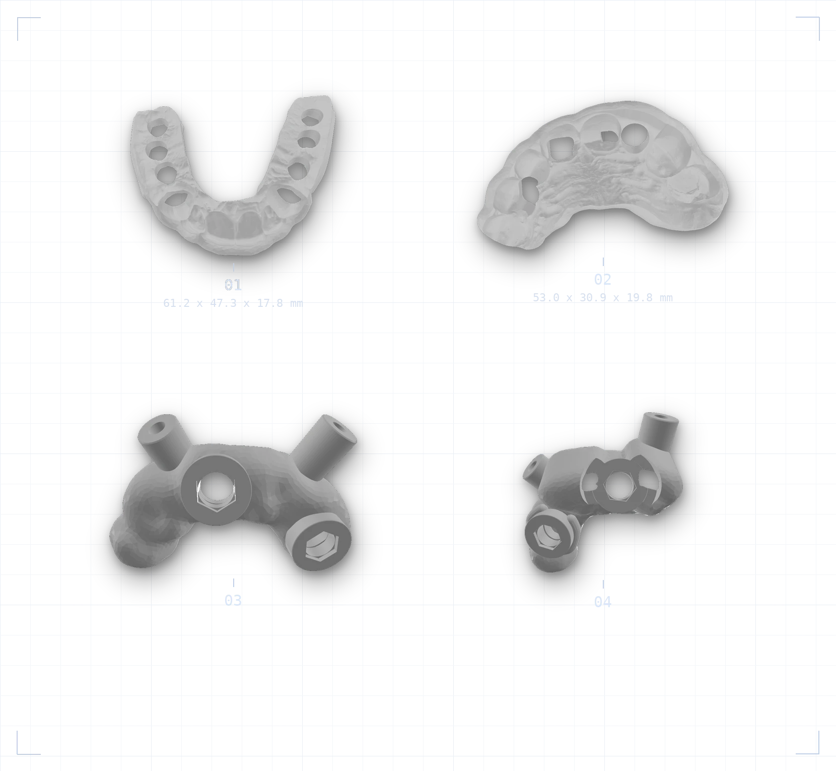 A measured plate of four surgical guides made by Future Guide's own lab at one common scale, labelled with the dimensions measured from their files